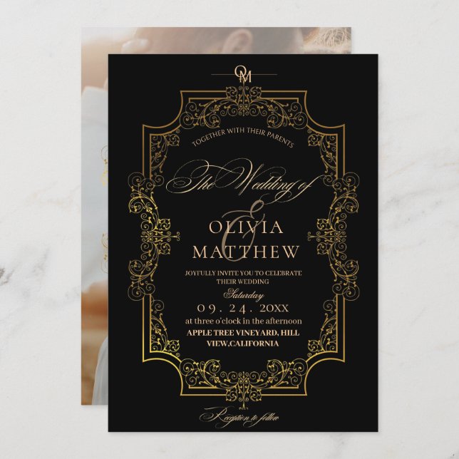 Elegance and  Royal Black & Gold  Photo Wedding Invitation (Front/Back)