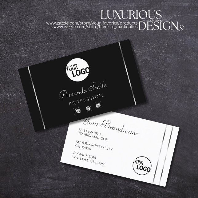 Elegance Black and White Shiny Diamonds add Logo Business Card (Creator Uploaded)