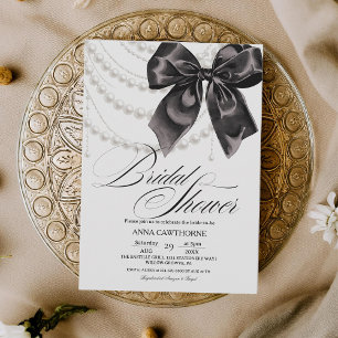  Elegance Black Bow Pearls Bridal Shower Acrylic Invitation