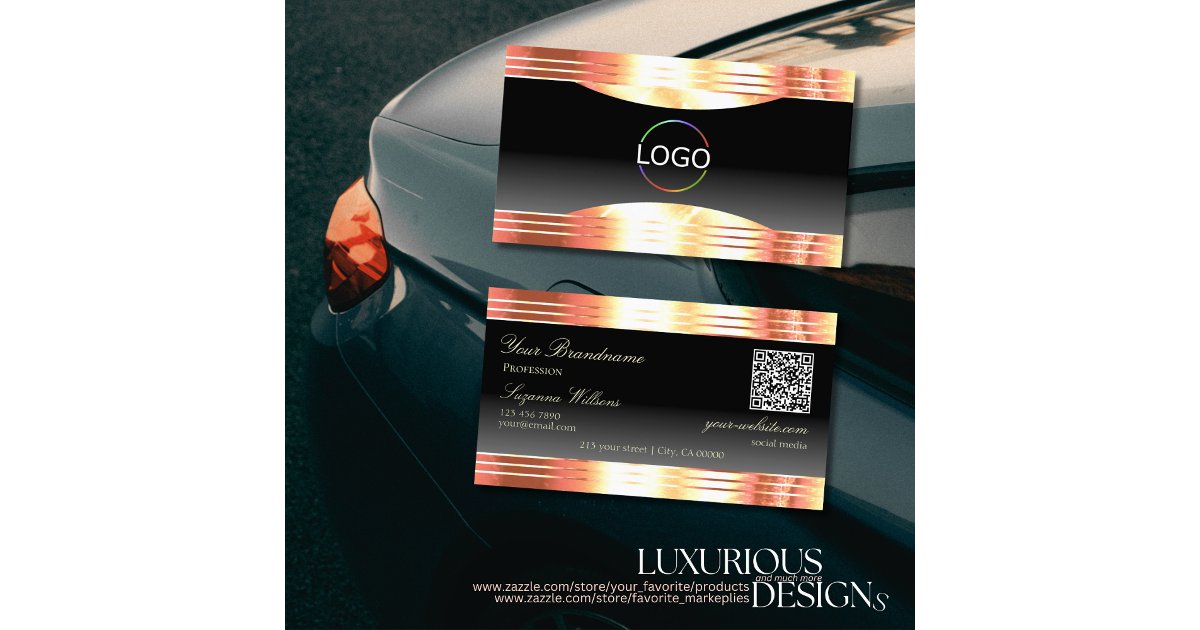 Elegance Black Rose Gold Borders Logo and QR Code Business Card | Zazzle