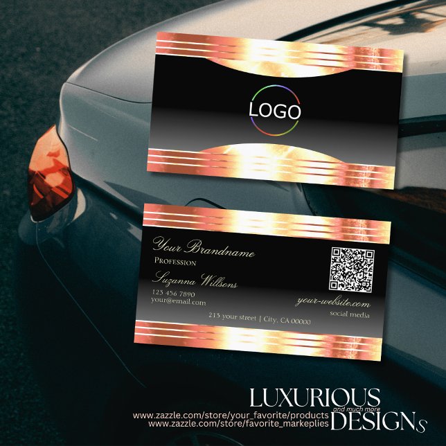 Elegance Black Rose Gold Borders Logo and QR Code Business Card (Creator Uploaded)