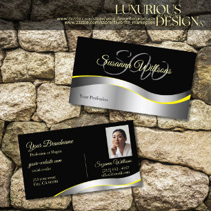 Elegance Black Wavy Silver Decor Initials Photo Business Card