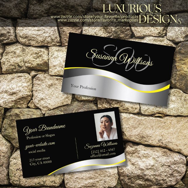 Elegance Black Wavy Silver Decor Initials Photo Business Card (Creator Uploaded)