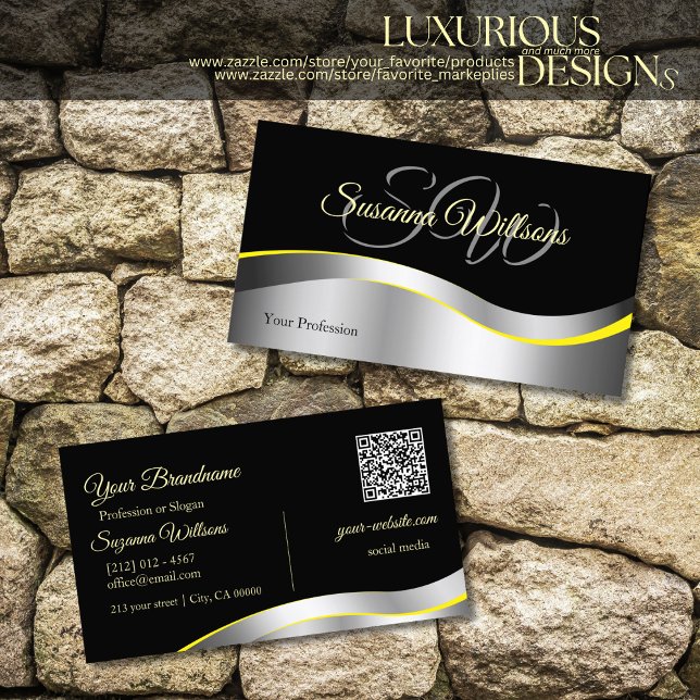 Elegance Black Wavy Silver Decor Initials QR Code Business Card (Creator Uploaded)