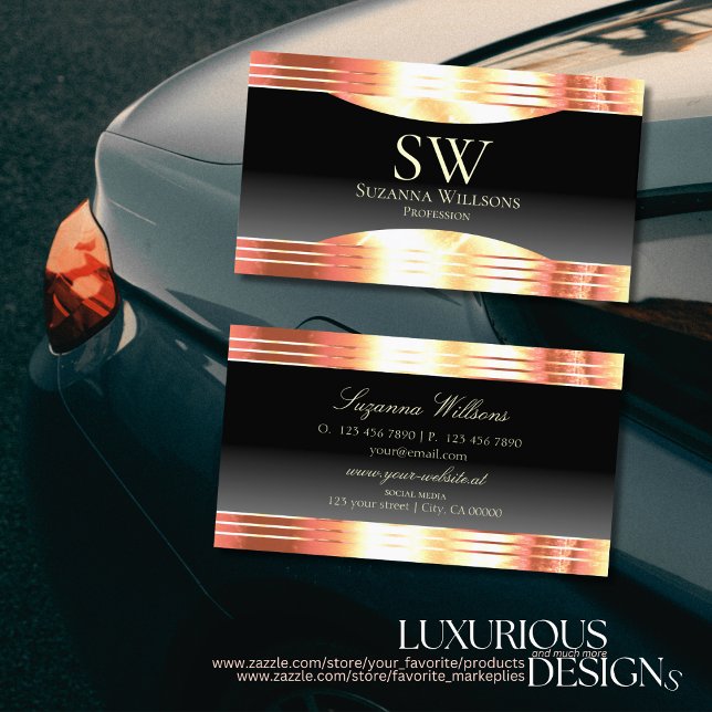 Elegance Black with Rose Gold Borders and Monogram Business Card (Creator Uploaded)