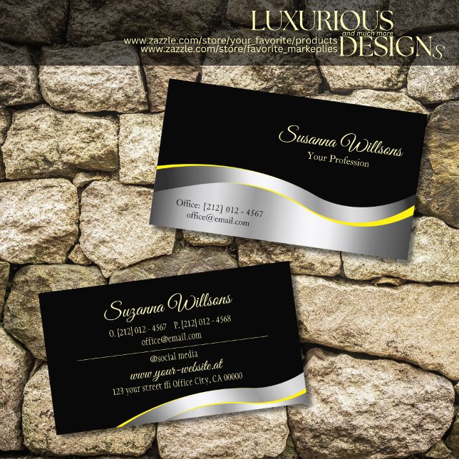 Elegance Black with Wavy Silver Decor Noble Business Card (Creator Uploaded)