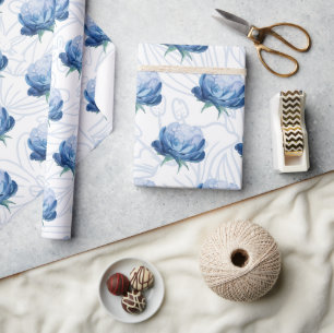 Elegance Blue Peony Botanical Wrapping Paper