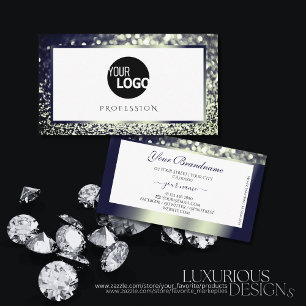 Elegance Blue Silver Ombre Glitter White add Logo  Business Card