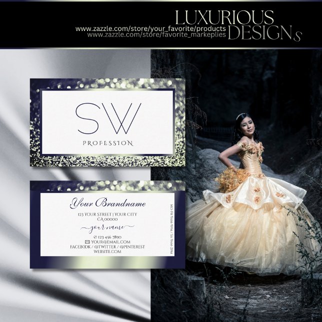 Elegance Blue Silver Ombre Glitter White Monogram Business Card (Creator Uploaded)