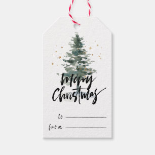 Elegance Brush Script Merry Christmas & Pine Tree Gift Tags