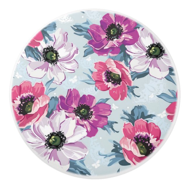 Elegance colour flowers pattern on blue ceramic knob (Front)