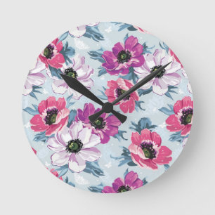 Elegance colour flowers pattern on blue round clock