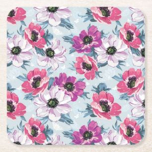 Elegance colour flowers pattern on blue square paper coaster