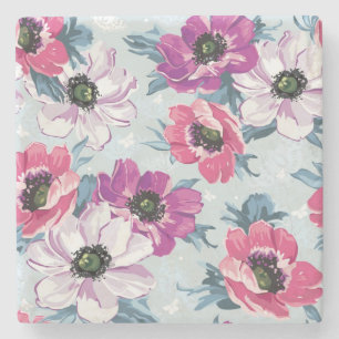 Elegance colour flowers pattern on blue stone coaster