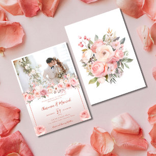 Elegance Dusty Pink Floral With Photo Wedding Invitation