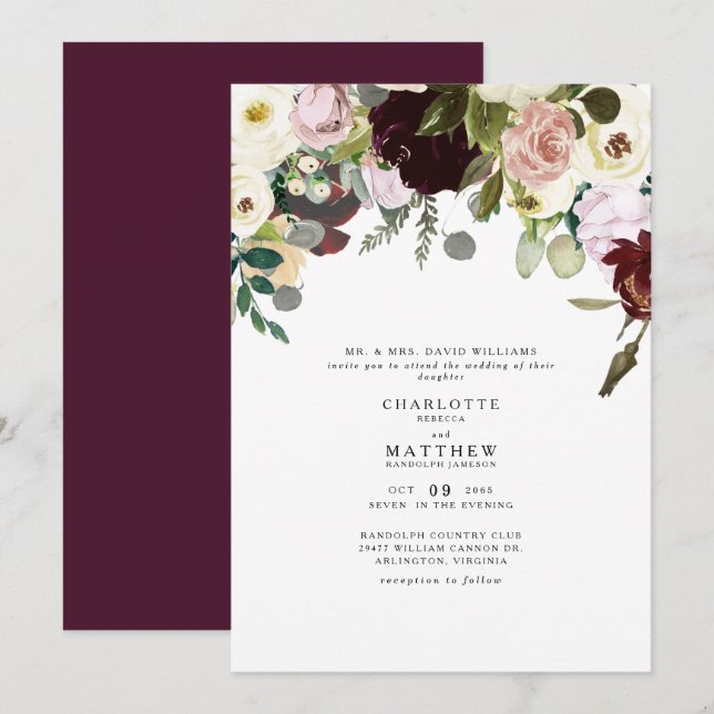Elegance Dusty Rose & Burgundy Floral Wedding Invitation (Front/Back)