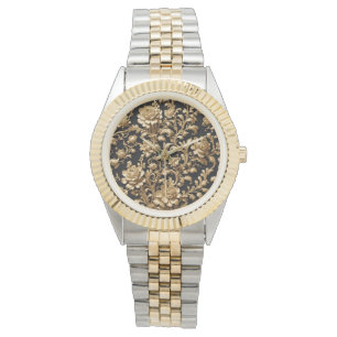 Elegance Enchanted: Black and Gold Floral  Watch