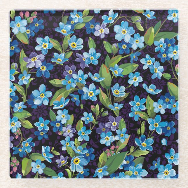 Elegance Forget-Me-Not Floral Pattern Glass Coaster (Front)