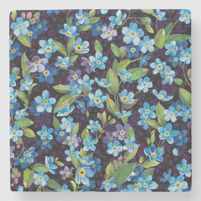 Elegance Forget-Me-Not Floral Pattern Stone Coaster (Front)