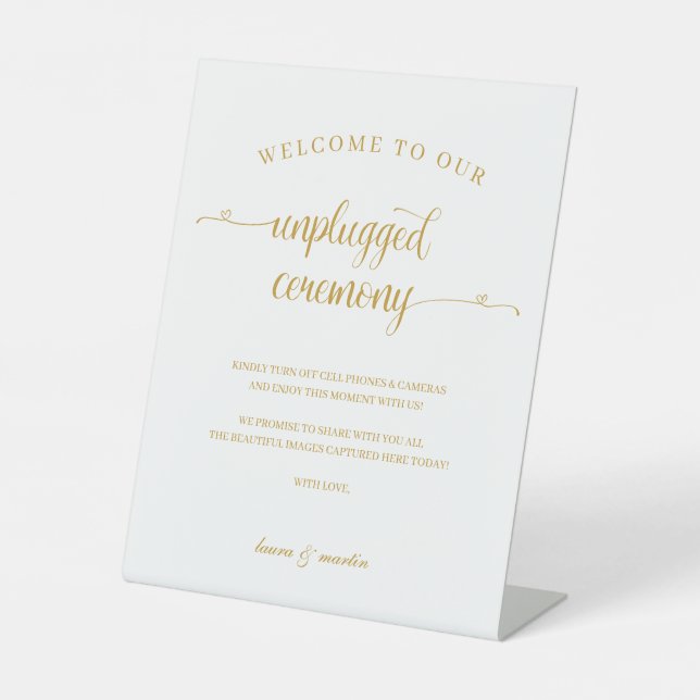 Elegance Gold Heart Script Unplugged Ceremony Pedestal Sign (Front)