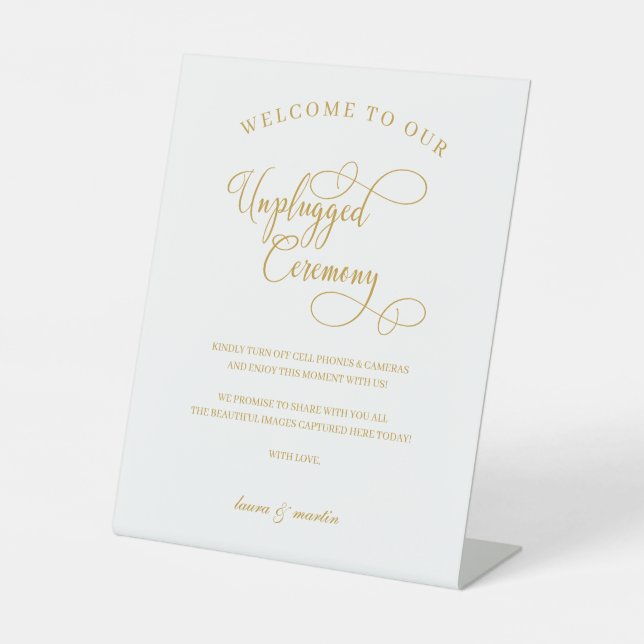Elegance Gold Script Unplugged Ceremony Pedestal Sign (Front)