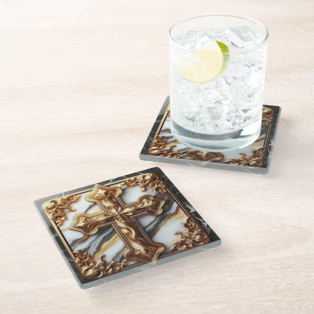 Elegance in Absolution Cross on Marble With Gilded Glass Coaster (Angled)