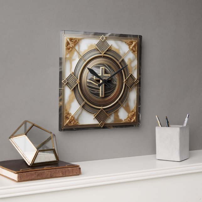 Elegance in Absolution Cross on Marble With Gilded Square Wall Clock (Office)