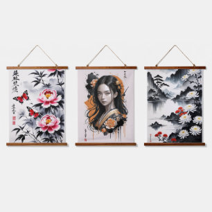 Elegance in Bloom: Floral and Portrait Harmony Hanging Tapestry