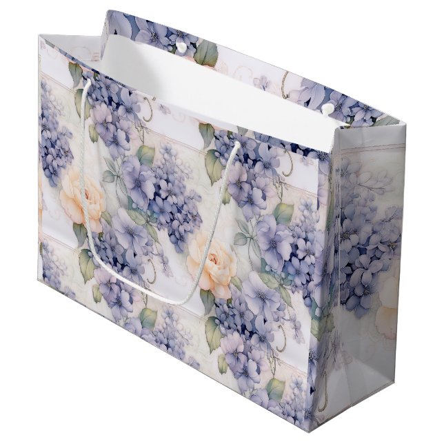 Elegance in Bloom Pastel Purple Hydrangea and Rose Large Gift Bag (Front Angled)