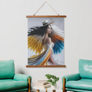 Elegance in Contrast Curly-Haired Woman Hanging Tapestry