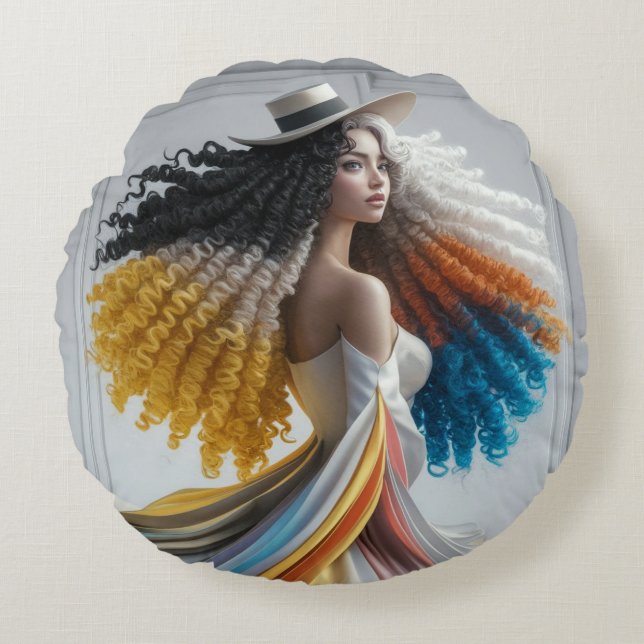 Elegance in Contrast: Curly-Haired Woman  Round Cushion (Front)