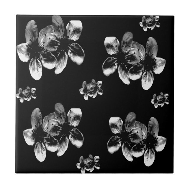 Elegance in Contrast: White Blossoms on Black Ceramic Tile (Front)