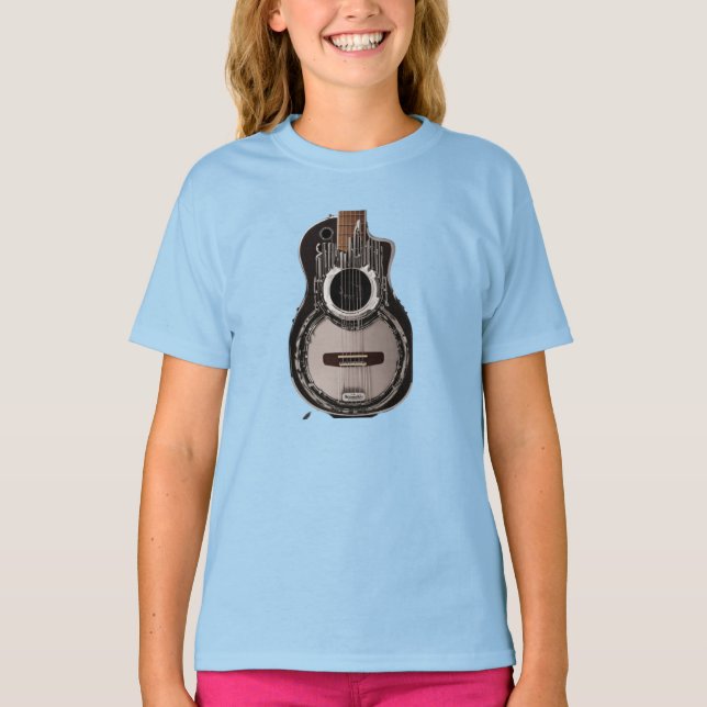 "Elegance in Ebony: Black guitar Print T-shirt" T-Shirt (Front)