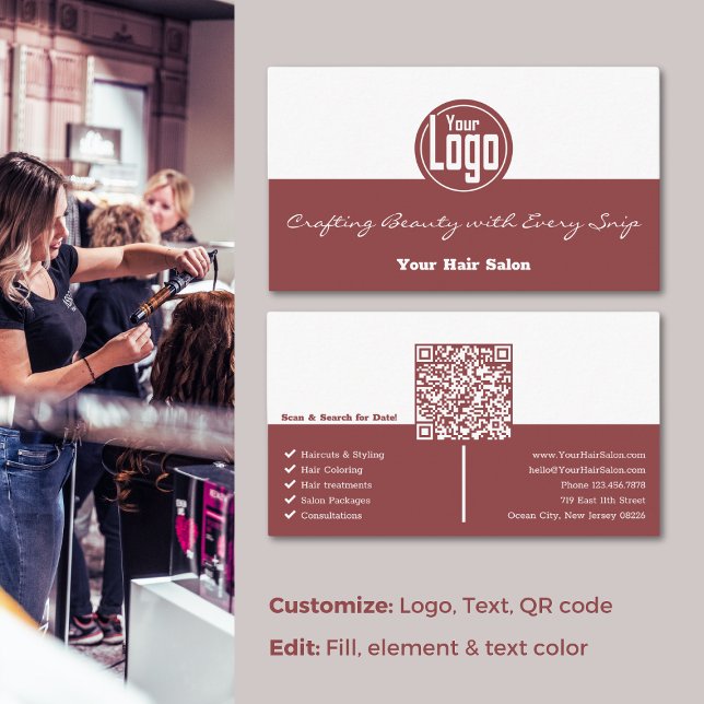 Elegance in Every Detail Burgundy White Hair Salon Business Card (Elegance in Every Detail: Smoky Topaz Hair Salon Business Card)