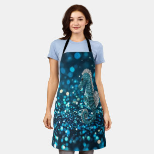 Elegance in Motion: Aqua Seahorse On Aqua Bokeh Apron