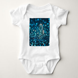 Elegance in Motion: Aqua Seahorse On Aqua Bokeh Baby Bodysuit