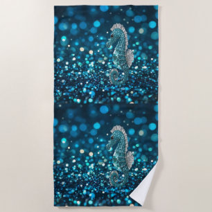 Elegance in Motion: Aqua Seahorse On Aqua Bokeh Beach Towel