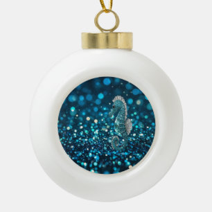 Elegance in Motion: Aqua Seahorse On Aqua Bokeh Ceramic Ball Christmas Ornament