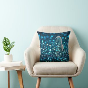 Elegance in Motion: Aqua Seahorse On Aqua Bokeh Cushion
