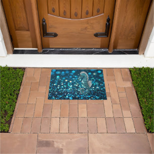 Elegance in Motion: Aqua Seahorse On Aqua Bokeh Doormat