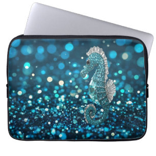 Elegance in Motion: Aqua Seahorse On Aqua Bokeh Laptop Sleeve