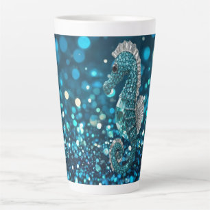 Elegance in Motion: Aqua Seahorse On Aqua Bokeh Latte Mug