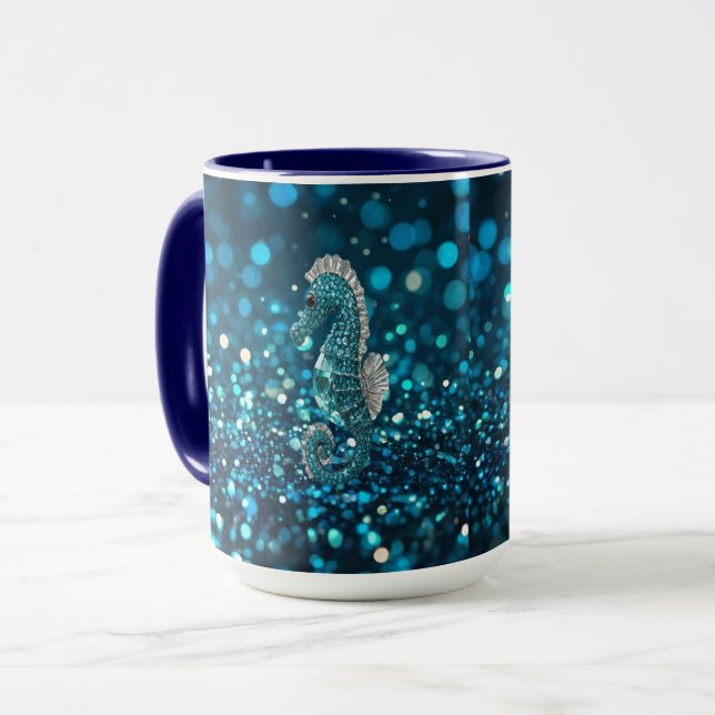 Elegance in Motion: Aqua Seahorse On Aqua Bokeh Mug (Front Left)