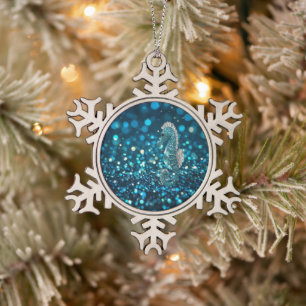 Elegance in Motion: Aqua Seahorse On Aqua Bokeh Snowflake Pewter Christmas Ornament