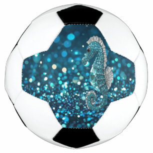 Elegance in Motion: Aqua Seahorse On Aqua Bokeh Soccer Ball