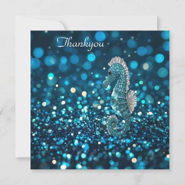Elegance in Motion: Aqua Seahorse On Aqua Bokeh Thank You Card (Front)