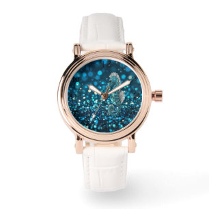 Elegance in Motion: Aqua Seahorse On Aqua Bokeh Watch
