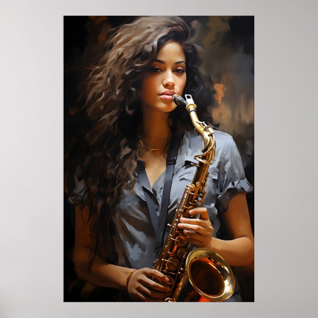 Elegance in Oil: Dynamic Saxophonist Poster (Front)