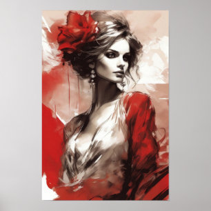 Elegance in Red: Fashion Woman Portrait Modern Art Poster