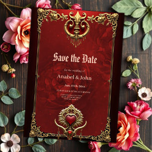 Elegance in red luster with an ornate heart. save the date